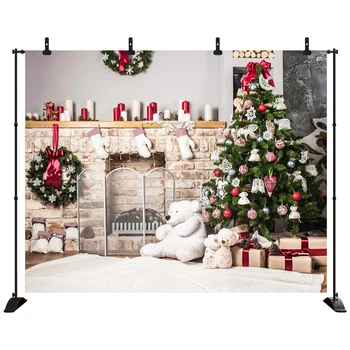 

Christmas Photography Backdrop for Party Fireplace Christmas Tree Wreath Bear Toy Vinyl Background Photo Studio Prop