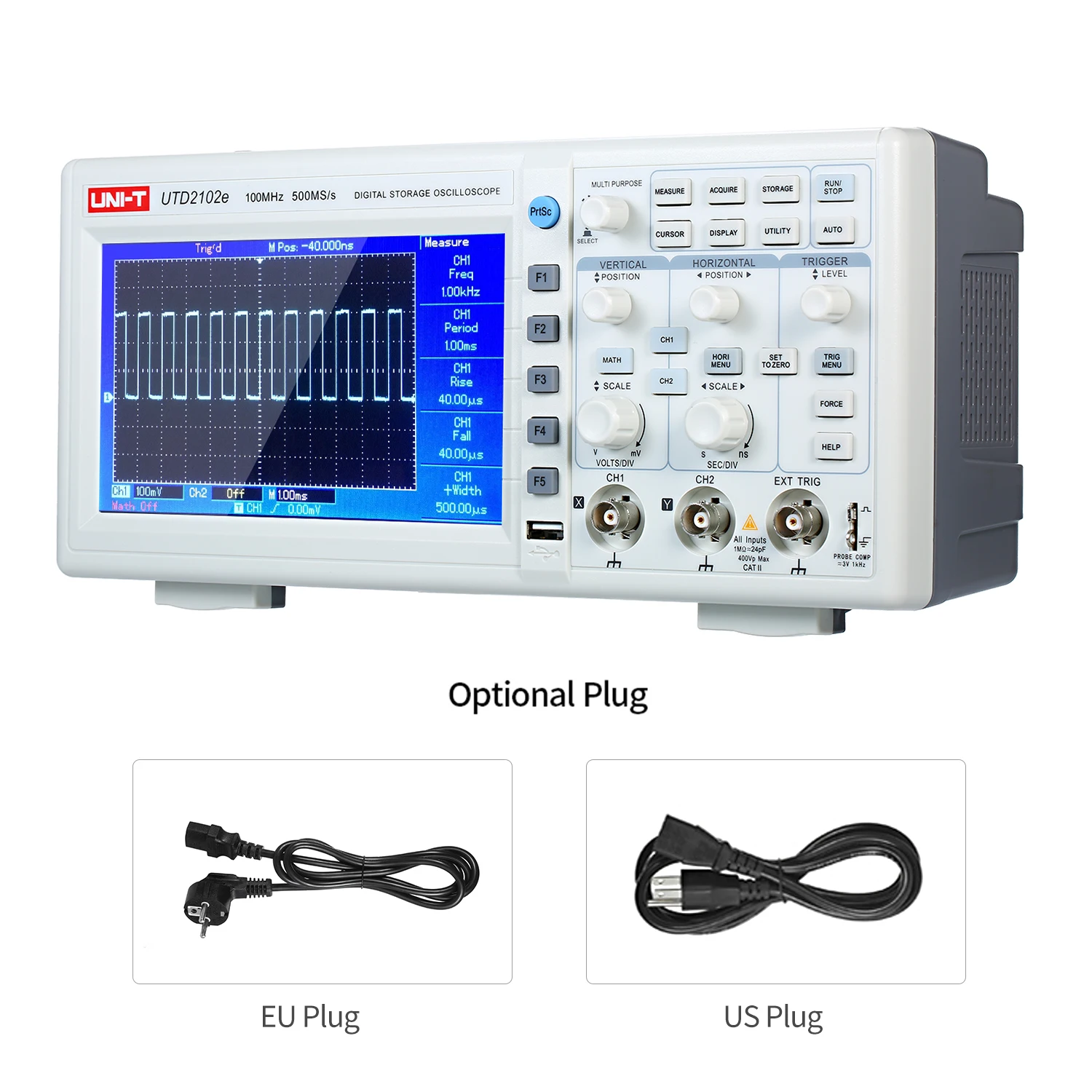 UNI-T UTD2102e цифровой осциллограф 100 МГц полоса пропускания с USB OTG 2 канала 500 мс/с Портативный " TFT ЖК-осциллограф