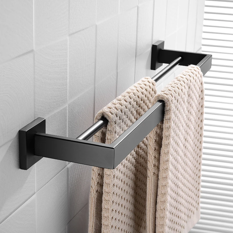 Stainless Steel Matt Black Double Square Towel Bar Towel Hanger Wall