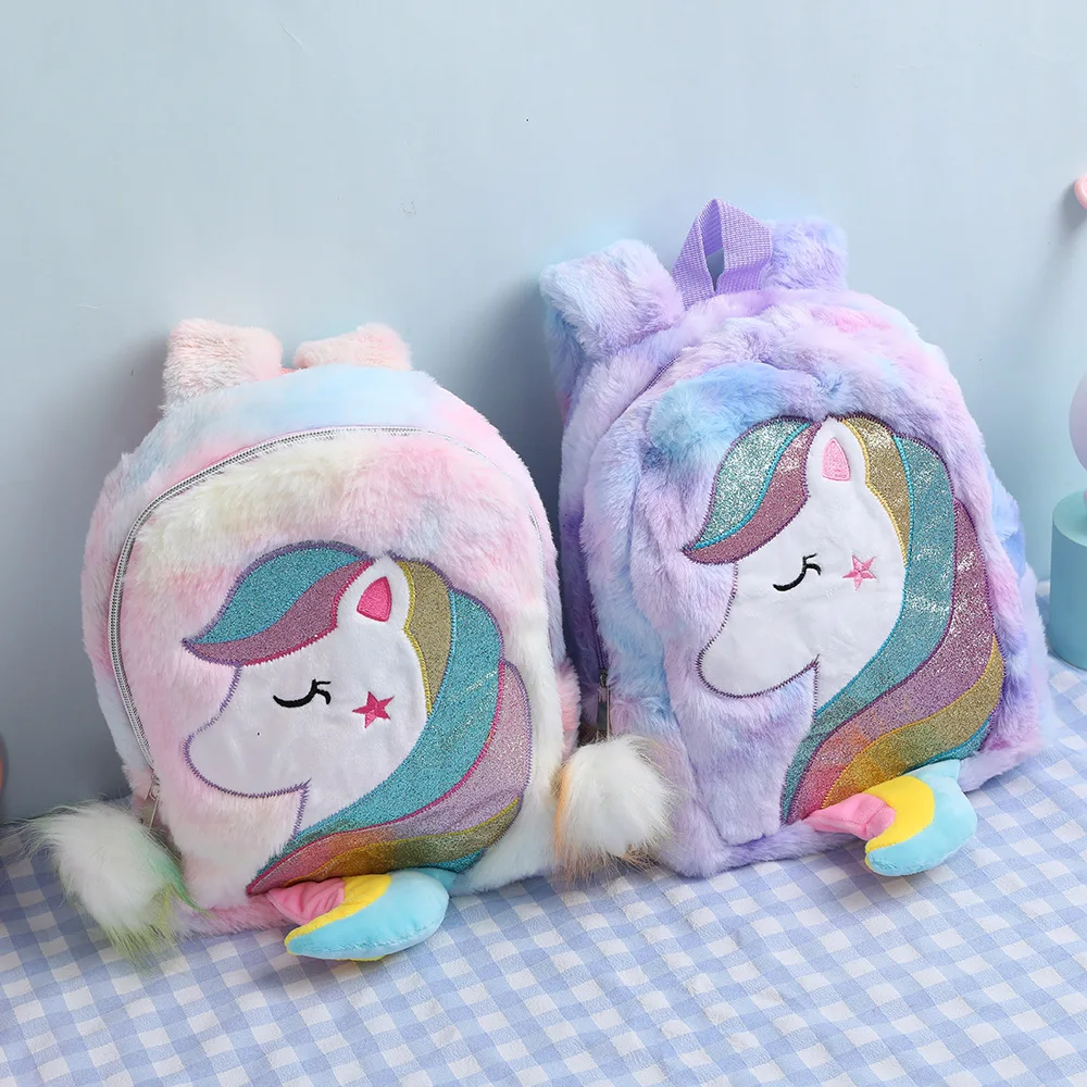 Unicorns Children Plush School Bag Girls Cartoon Rainbow Tail Backpack Kindergarten Winter Cute Schoolbag Kids Gift Book Bag