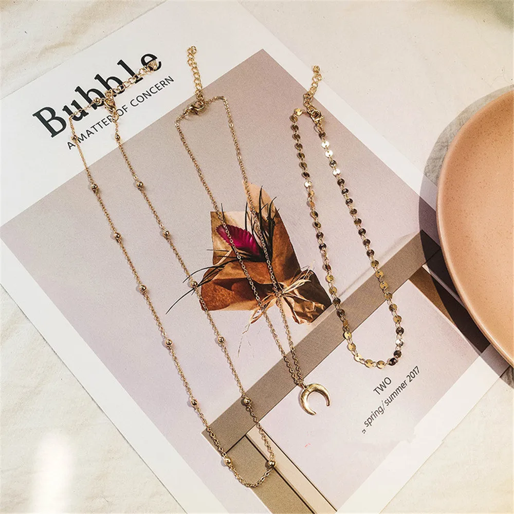 CRLEY 3 шт./компл. Золотая цепь полумесяц ювелирные изделия женские Boho Collares женские ювелирные изделия для вечеринки рождественские подарки