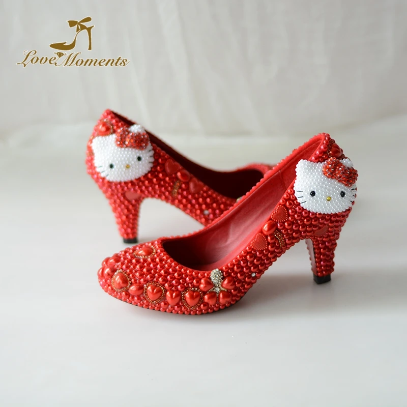 2020 Red Pearl Wedding Dress Shoes 2 Inches Kitten Heel