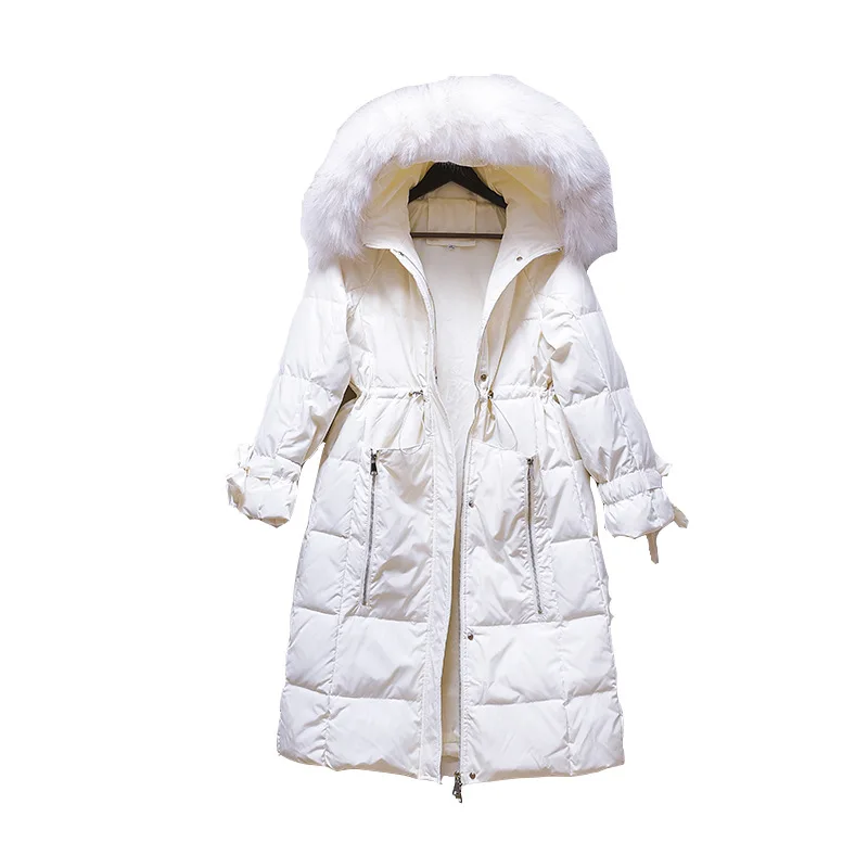 SINGRAIN Long Women Hooded Down Jacket Raccoon Real Fur Collar Warm Overcoat Fashion Thick Outerwear Winter White Duck Down Coat