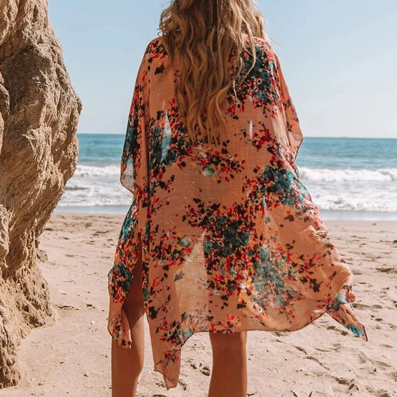 Summer Mid-length Slit Chiffon Beach Sunscreen Blouse Holiday Style 2021 Vintage Floral Print Long Cardigan Tops Women Cover Ups bathing suit skirt cover up