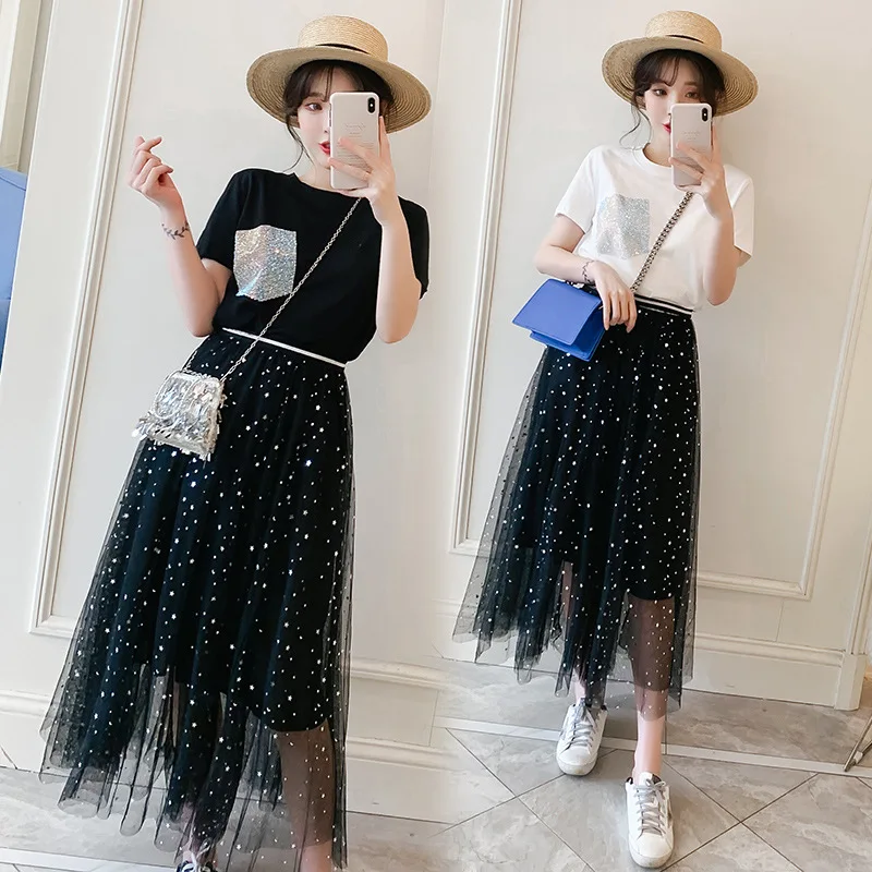 

2019 Summer Wear New Style Korean-style Large Size Dress Fat Mm Crew Neck Sequin Tops Lace Skirt Two-Piece Women's