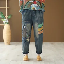 Рваные Джинсы бойфренда с вышивкой, женские свободные джинсовые шаровары с высокой талией, женские лоскутные брюки с рисунком из мультфильма