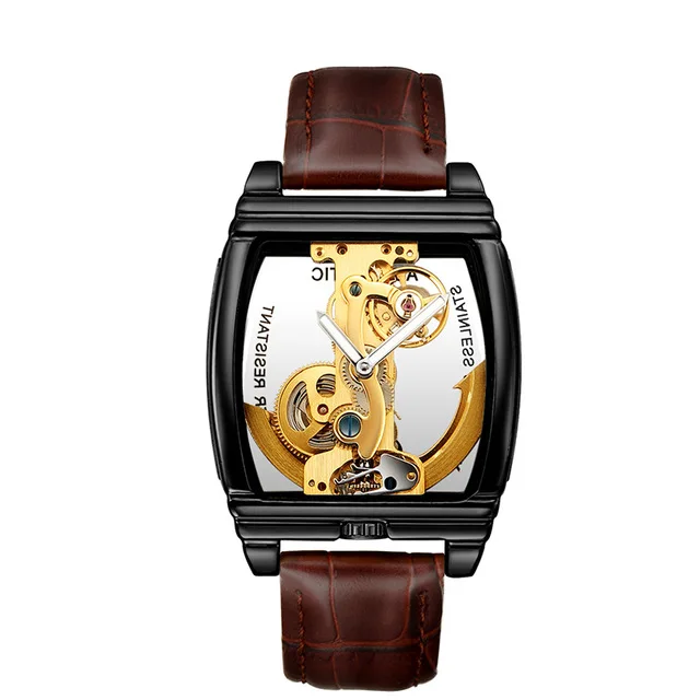 Прозрачные мужские часы механические Автоматические наручные часы с кожаным ремешком Лидирующий бренд стимпанк с автоматическим подзаводом мужские часы montre homme - Цвет: Brown Black