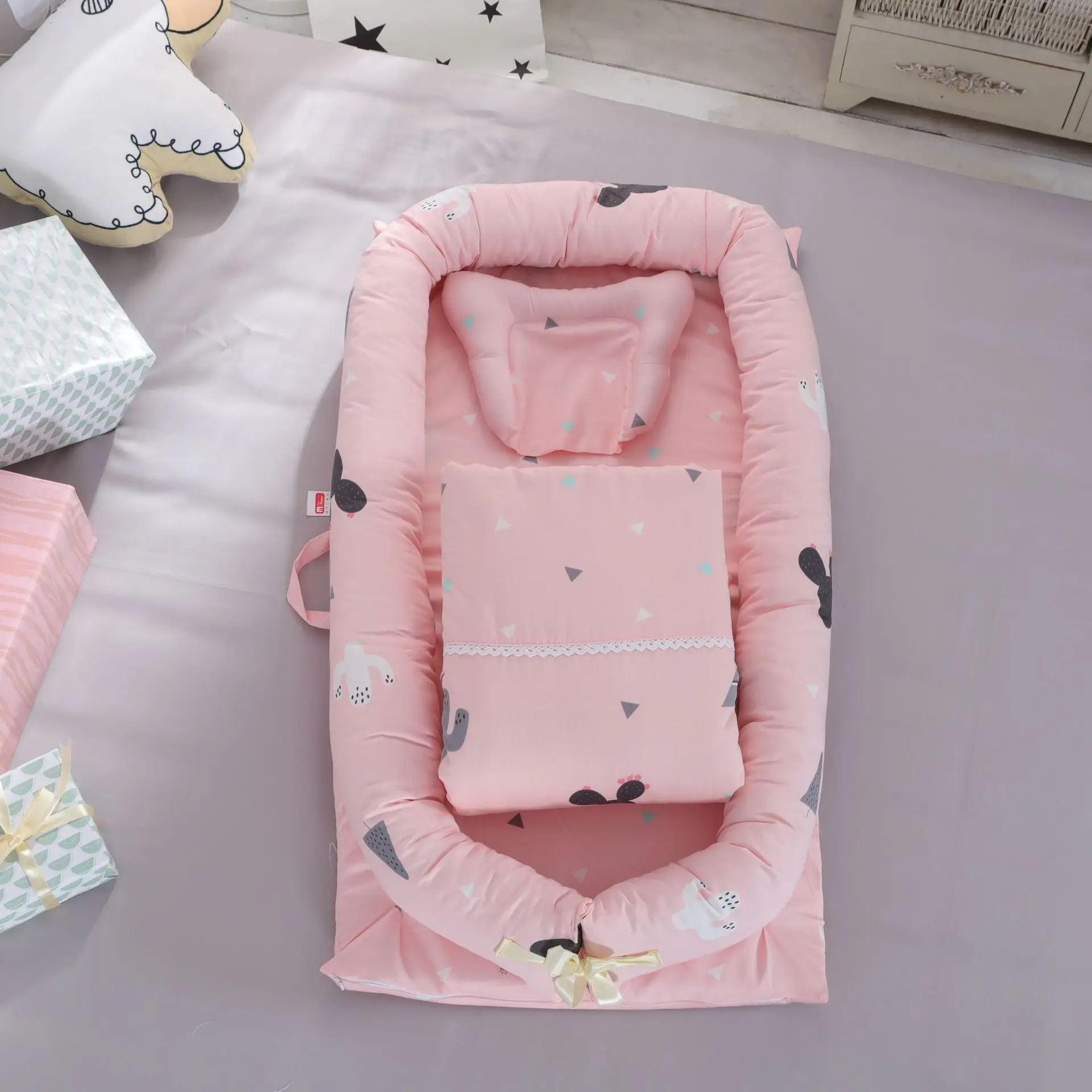 Портативная складная детская кроватка с принтом кактуса для новорожденных, бионическая матка, кровать для путешествий, детское гнездо с одеялом - Цвет: xianrenzhang
