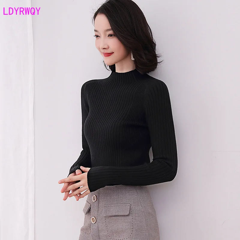 

2019 autumn new fashion women's long-sleeved solid color elastic ribbed bottoming slim temperament sweater
