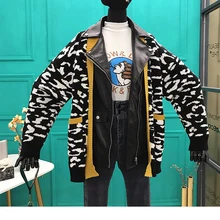 [EWQ] осень зима двухслойный поддельный два Мода Тренд Дамы леопард пальто Корея большой размер вязанная кожаная куртка QL225