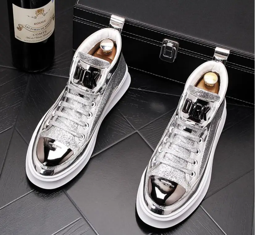 Серебристый High Quality Men High Top British Style Shoes Mens Causal Luxury Shoes gold white Bottom rubber Shoe for Male Casual Ankle Boots - Цвет: Серебристый