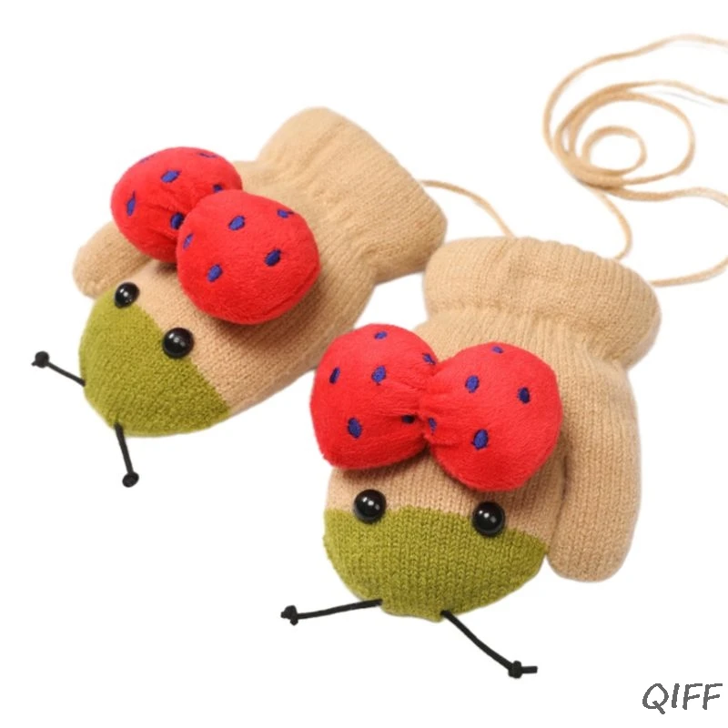 Toddler Kids Cute Cartoon Ladybird Bowknot Knitted Gloves Thermal Warm Thick Plush Lining Winter Gloves with Long String 3-6T - Цвет: KH