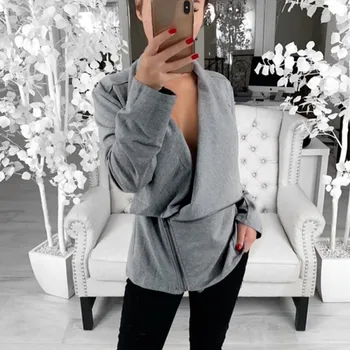 

Women Jacket Coat Diagonal Zipper Design Casual Solid Color Turn-down Collar Sweater Autumn And Winter Long Sleeve