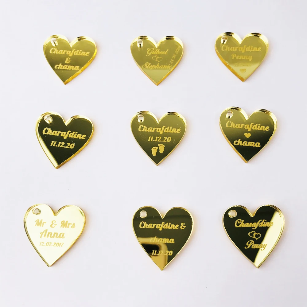 50 Piecel Personalized Mr & Mrs Love Heart, Wedding Party Table Centerpiece Pieces, Gift Decoration Engraved Acrylic Labe2