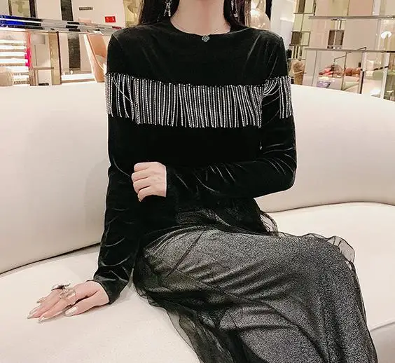 WHITNEY WANG осень-зима футболка с длинными рукавами модная уличная бархатная футболка с бахромой Женская футболка Топы
