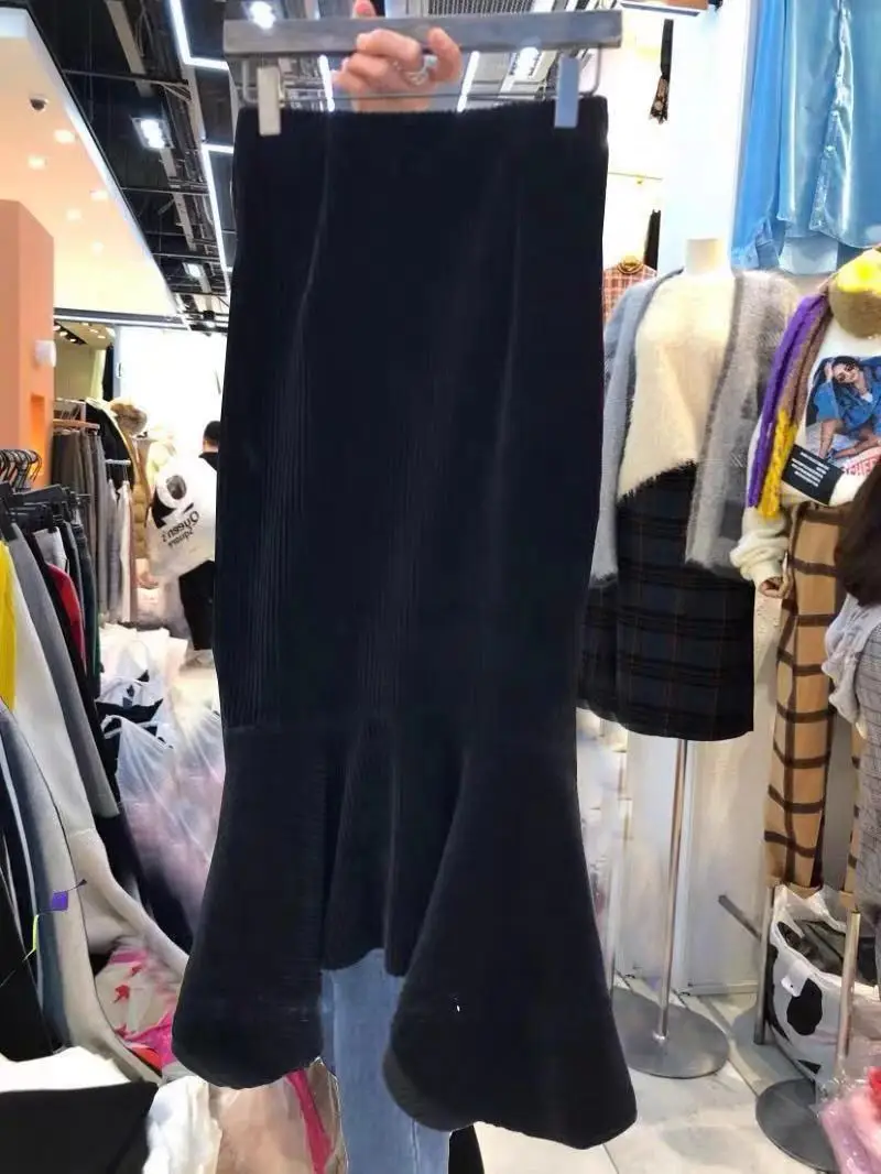 Sexy Women Flounced Skirt Knitting Ol Pencil Fishtail Skirts Female Mermaid Skirts Slim Corduroy Skirt Lady Office Workwear