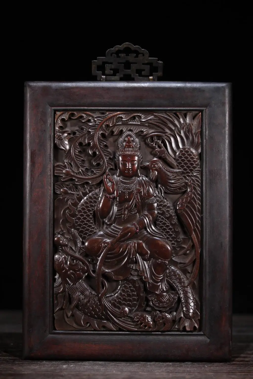 

14" Tibet Buddhism Temple Sandalwood set bronze gem Riding a dragon Bodhisattva statue Thangka Avalokitesvara statue Tag Thangka