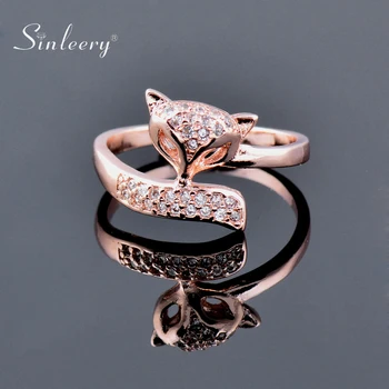 

SINLEERY Lovely Cute Cubic Zirconia Crystal Fox Rings For Women Girl Rose Gold Color Animal Jewelry Size 6 7 8 Jz369 SSI