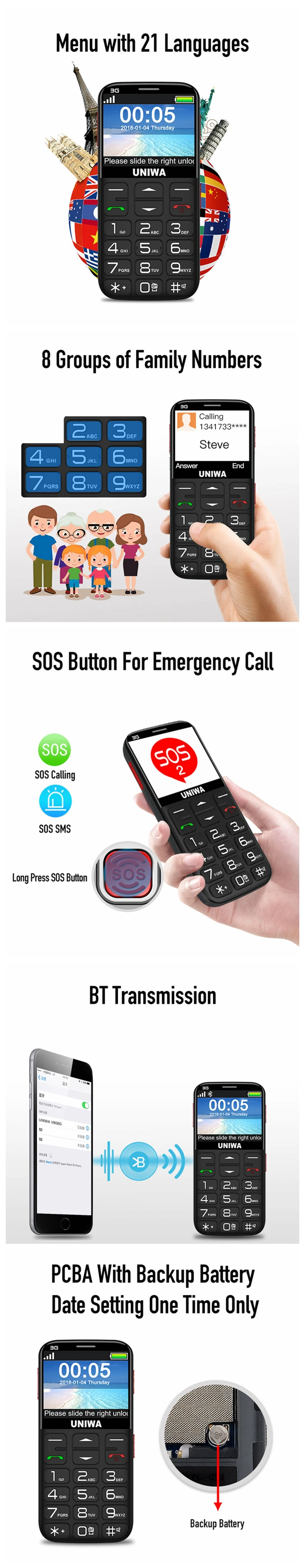 UNIWA V808G Mobile Phone Russian Keyboard 3G WCDMA Strong Torch Senior Cellphone Elderly Old Man Big SOS Push-Button Phone