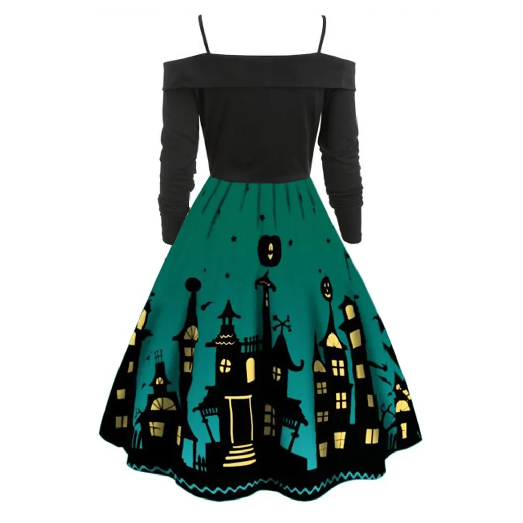 Women Pumpkin Party Print Dress Halloween Long Sleeve V Neck Vintage Casual Sexy Dresses vestido corto mujer FD