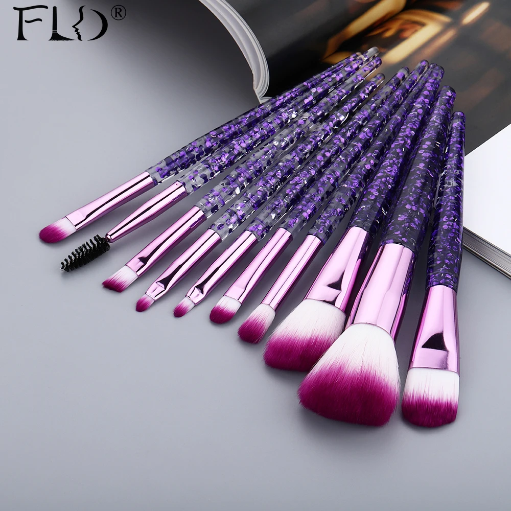 FLD 10 Pieces Glitter Makeup Brushes Set Crystal Handle Powder Brush Foundation Eyebrow Face Mascara Blush Eyeliner Tools Kits