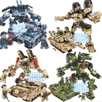 

4 Models 810PCS Military Series 2 IN 1 Combat Robot Tank Transportan Building Blocks Educational Toys for children Bricks Gifts