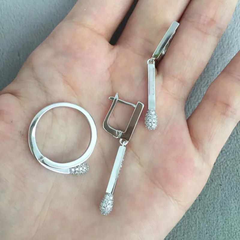 

Hot Match Stick Cuff Stud Earring + Finger Ring Jewelry Set Colorful Zircon Charm Simple Fire Match Design Women Wedding Jewelry