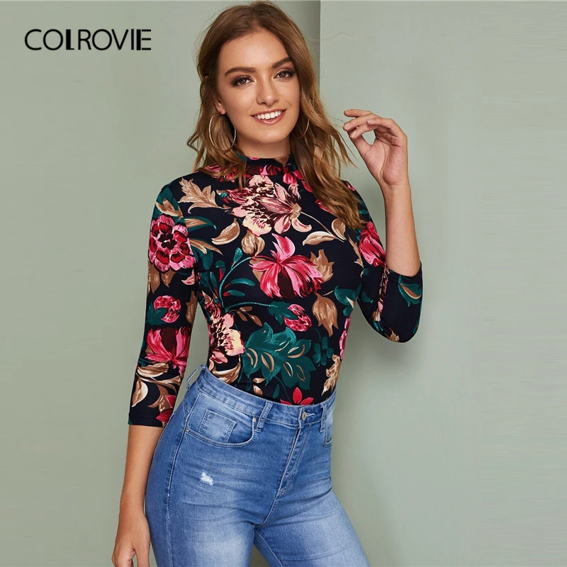 COLROVIE облегающий топ с воротником-стойкой и цветочным принтом для женщин, осень, элегантные облегающие футболки, разноцветный пуловер с длинным рукавом, топы