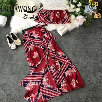 

2020 New Summer Beach Two Piece Sets Women Vintage Printed Ruffles Outfit Female Crop Tops + Bandage Long Skirts Tracksuit Suits