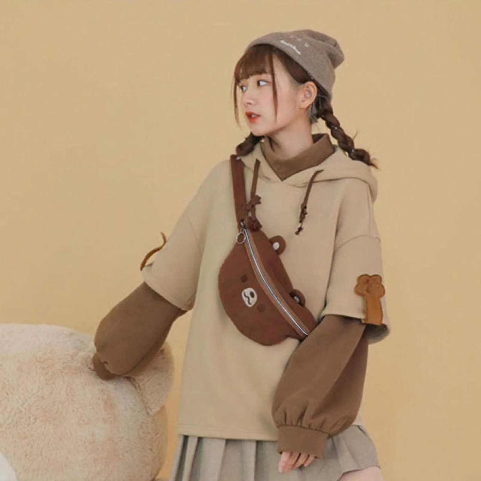 Harajuku Kawaii Bear Print Bags Woman's Brown Bear Hoodie Autumn Winter Long Sleeve Sweatshirt Personality Bag Coat Jumper 1
