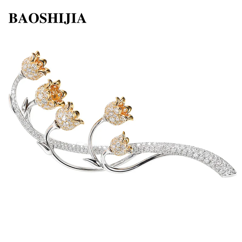 BAOSHIJIA Solid 18K White&Yellow Gold Flower Natural Diamonds Brooch Party Fashion Design Engagement Fatanstic Wedding
