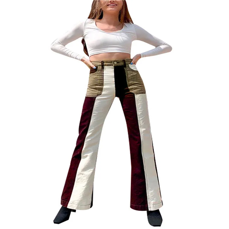 

PD Womenâ€™s Korean Trumpet Jeans Fashion Contrast Color Stitching High-waist Long Pants with Pocket High Waist Pants