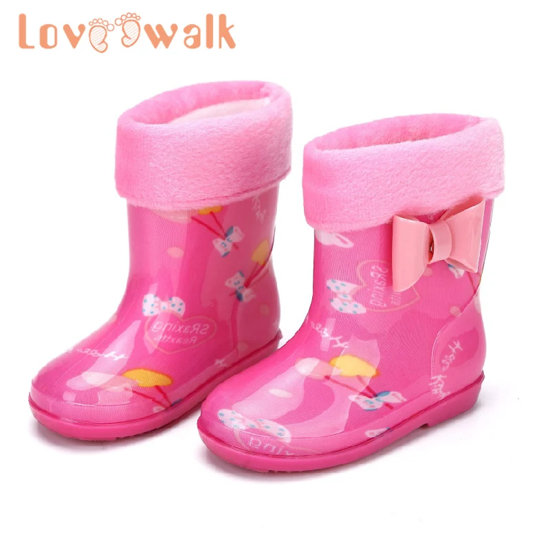 

Loveewalk Girl Children Rain Boots Bowtie Design Spring Autumn Winter Girls Shoes High Quality PVC Pink Single Plush Ankle Boots