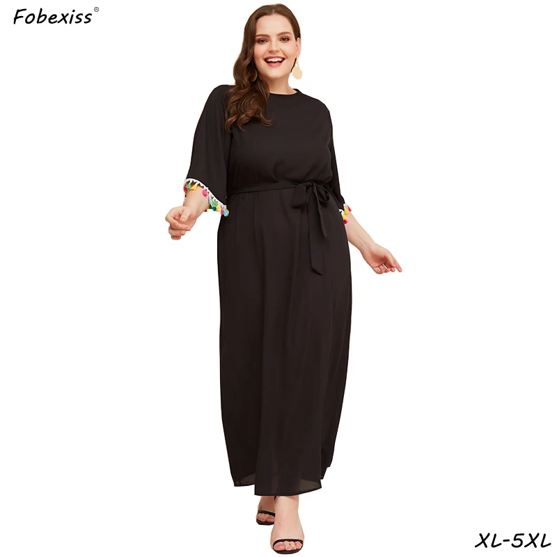 Платья размера плюс, 5XL, женское свободное повседневное Макси-Платье с расклешенными рукавами и высокой талией, элегантное черное платье с поясом и кисточками, женское Бандажное платье