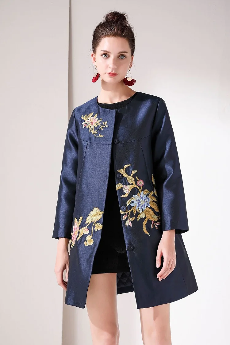 blue Casacos Feminino осеннее повседневное женское пальто с цветочной вышивкой на пуговицах винтажное темно-синее красное пальто ветровки XXL - Цвет: blue