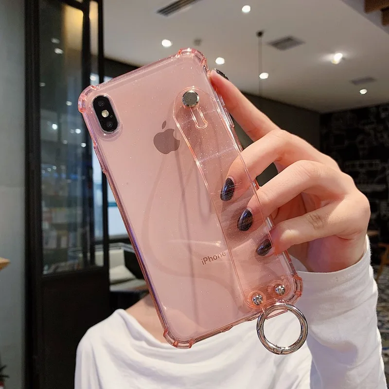 Блестящий держатель для пудры чехол для телефона для iPhone 11 X XR XS Max 6 6S 7 8 Plus прозрачный мягкий ТПУ ремешок противоударный чехол