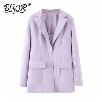 

Women chic purple blazer pockets single button long sleeve office wear coat solid female 2019 casual outerwear tops