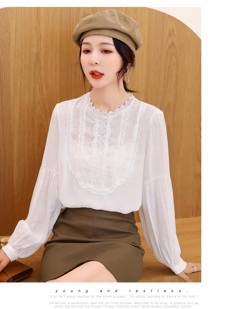 Женская блузка, blusas mujer de moda, длинный рукав, шифон, кружево, рукав-фонарик, chemisier femme nouvelle, коллекция 6959 50