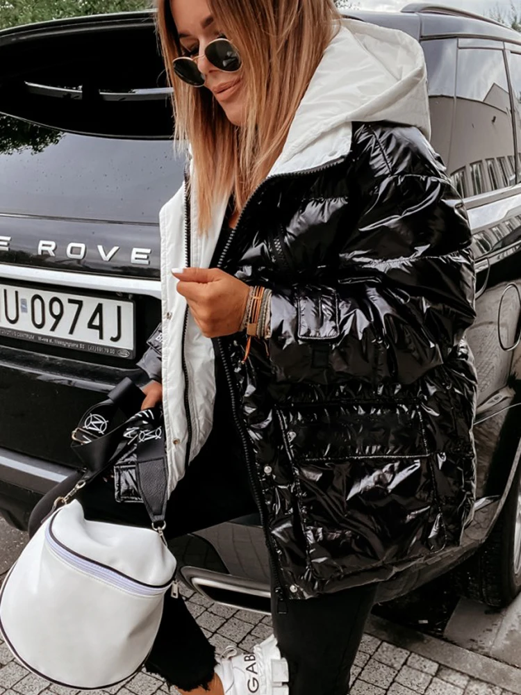 Puffer Jacket Women Spring Zip Up Outerwear Female Clothes Shiny Streetwear Cotton Padded Patchwork Coat Oversize Quilted Parka
