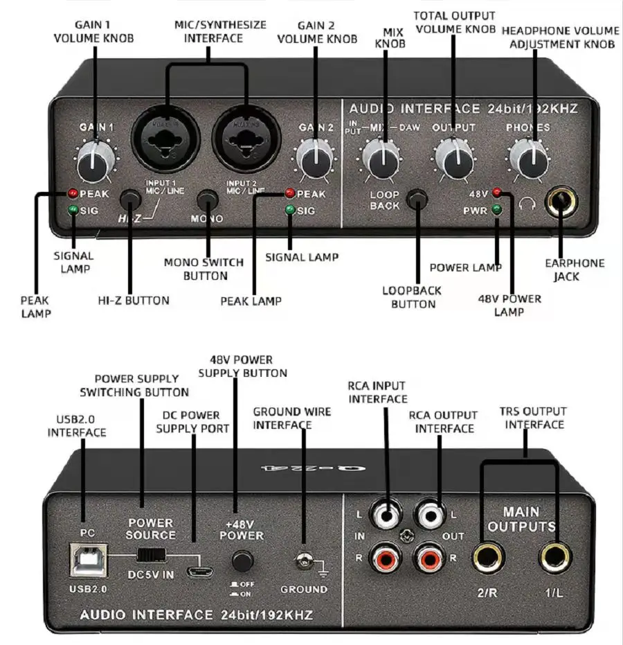 Tarjeta de sonido con interfaz de Audio Q-24, guitarra eléctrica con monitoreo, grabación en tarjeta de sonido profesional, - AliExpress