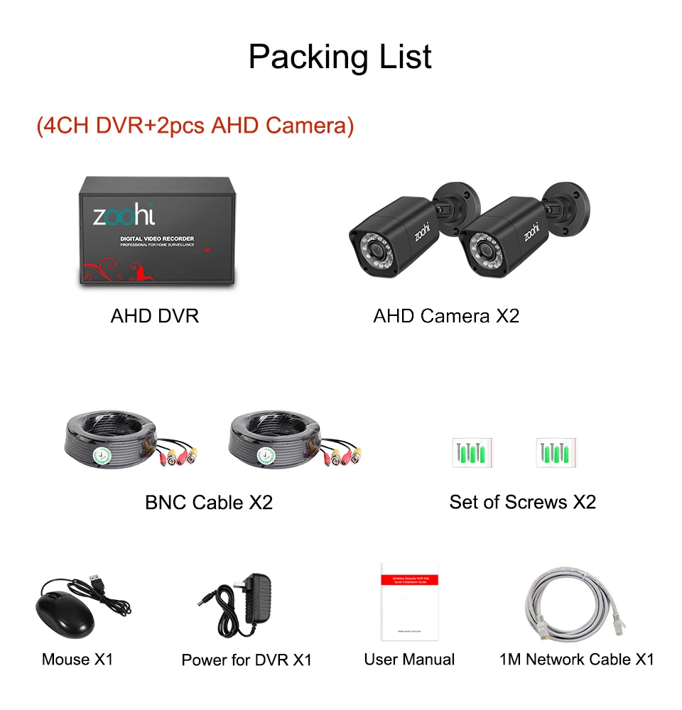 Zoohi CCTV 2CH 720P/1080P комплект камеры AHD P2P HDMI H. 264 DVR система видеонаблюдения