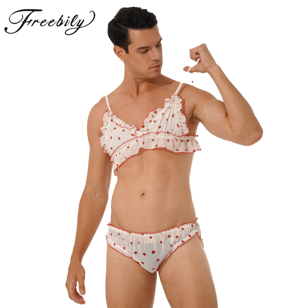Men Ruffled Frilly Gay Male Sissy Strawberry Print Nightwear Sleepwear Set Soft Strappy Bikini Bra Top + Briefs Panties - Pajama Sets - AliExpress