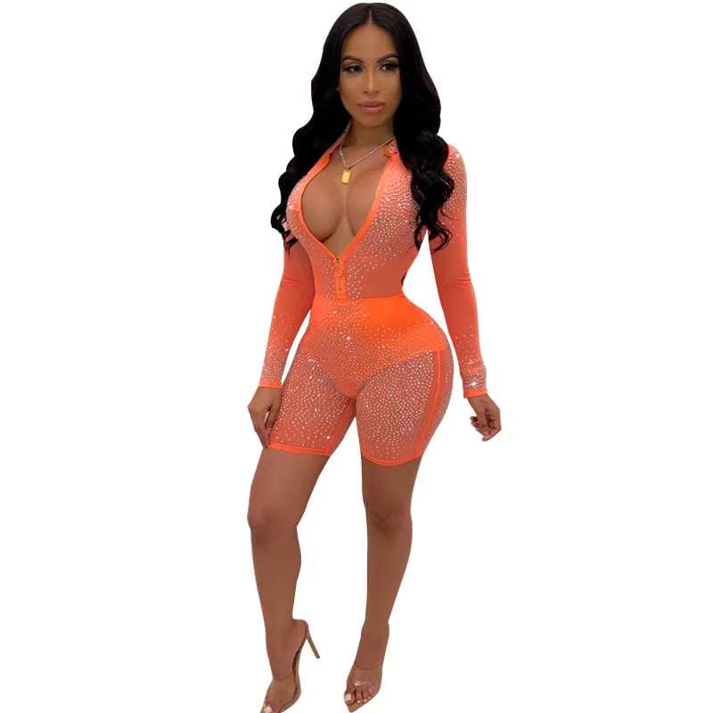 Lemon Gina Лето Горячая сверление Стразы с длинным рукавом v-образным вырезом bodycon Короткие jumpusit сексуальная сетка прозрачный комбинезон M2715 - Цвет: Оранжевый