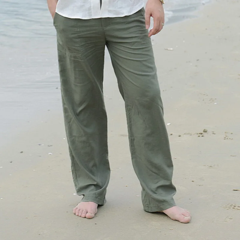 Мужские натуральные хлопковые льняные брюки, летние брюки, повседневные мужские однотонные прямые свободные штаны с эластичной талией размера плюс, Прямая поставка