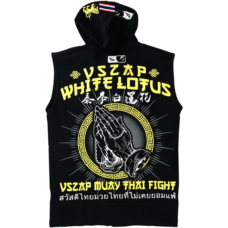  Men VSZAP New Muay Thai Lotus Sweatshirt Jacket Fitness Hooded Sleeveless Vest Cardigan Training Ve