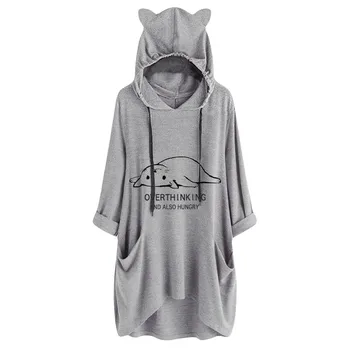 

Women Casual Hoodies Print Cat Ear Hooded Long Sleeves Roll Up Sleeve Pocket Irregular Top Blouse Shirts Femme Oversize #L10