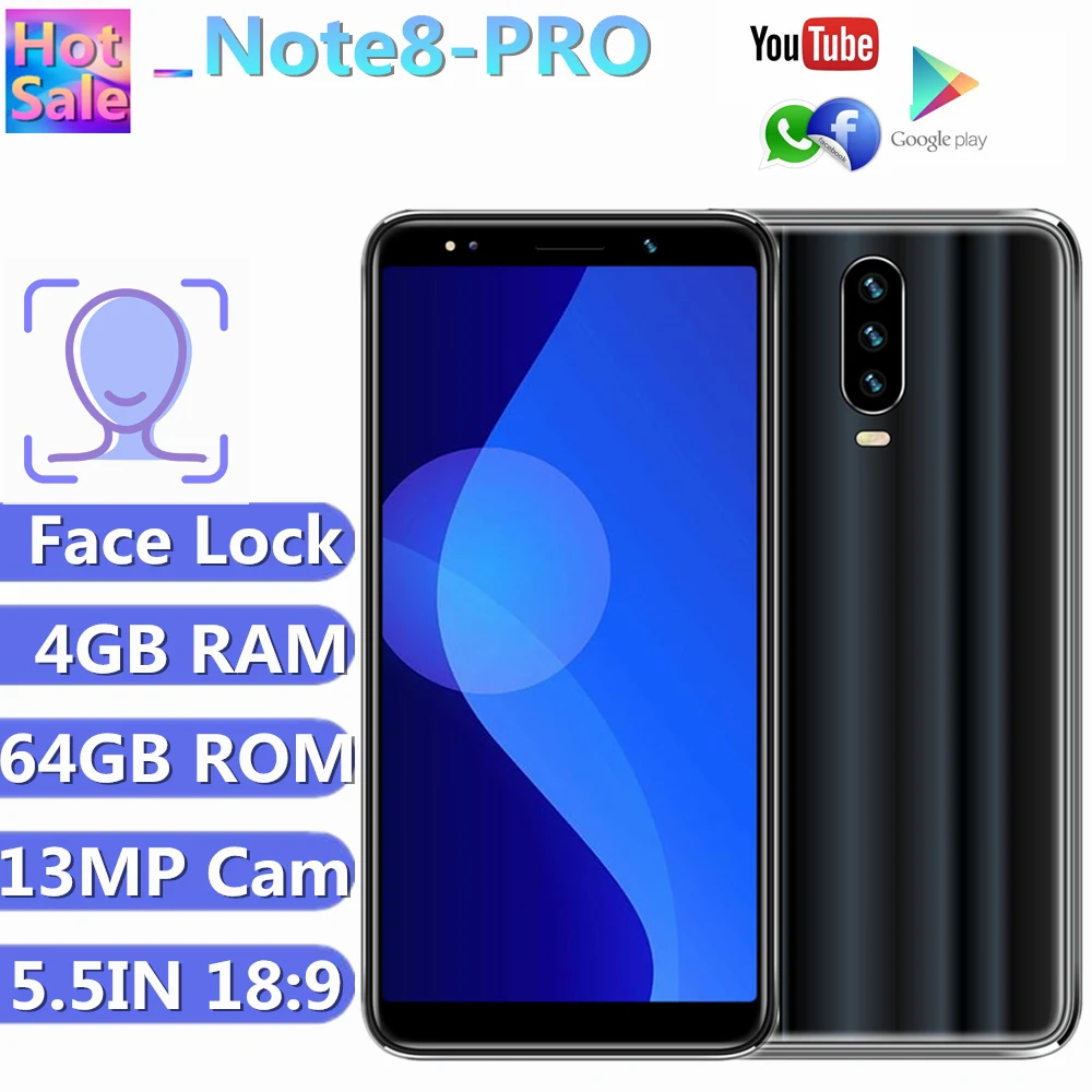 Оригинальные смартфоны Note 8 PRO, 4 Гб ОЗУ, 64 Гб ПЗУ, Android распознавание лица, разблокированные 13 МП мобильные телефоны, четырехъядерный процессор P35 MINI