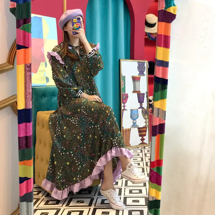 SHENGPALAE Новое весеннее Модное Длинное платье с длинным рукавом длиной до лодыжки и v-образным вырезом Vestidos, свободное женское платье с разрезом и оборками FU096