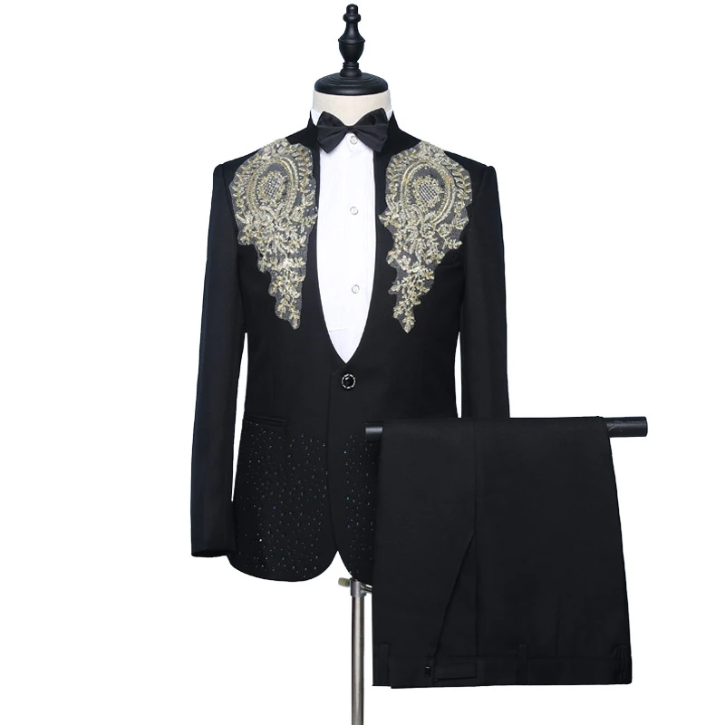 

Men Suit Slim Chorus Performance Embroidery Sequin Stand Collar Wedding Suits Banquet Host Singer Ball Dancer Party Prom