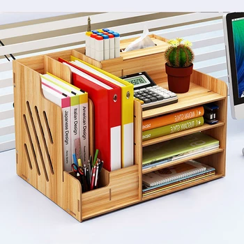 

Large Multi-Function DIY Desk Storage Racks Office Supplies File Documents Organizer Shelf Multi-Layer Wooden Bookshelf